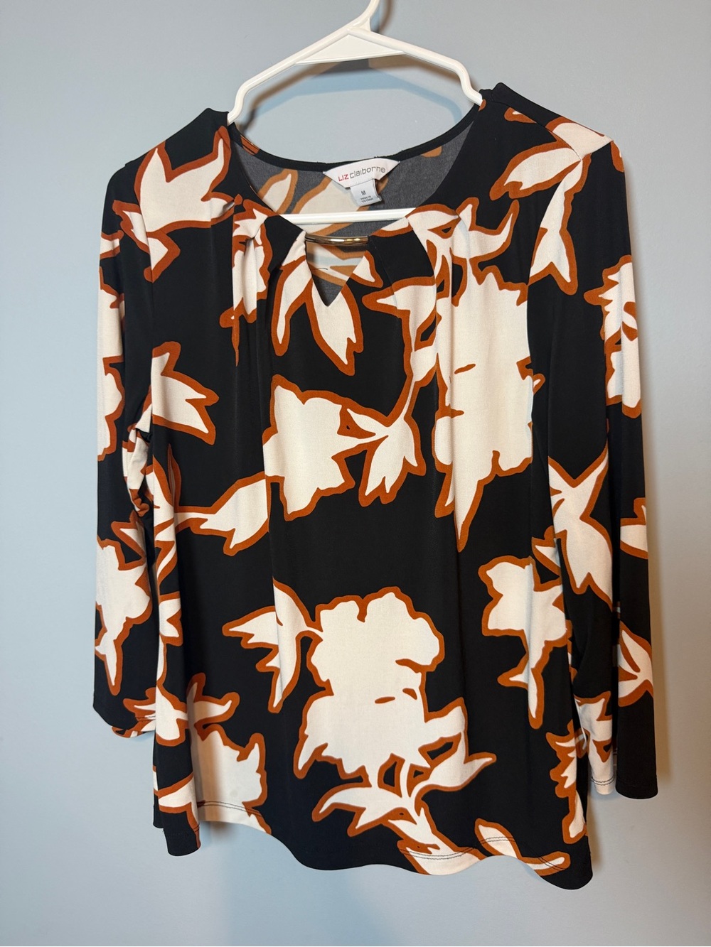 Liz Claiborne Black Floral-Print Tie-Neck Long Sleeve Top